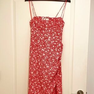 ZARA Red floral midi summer dress with split - SIZE L